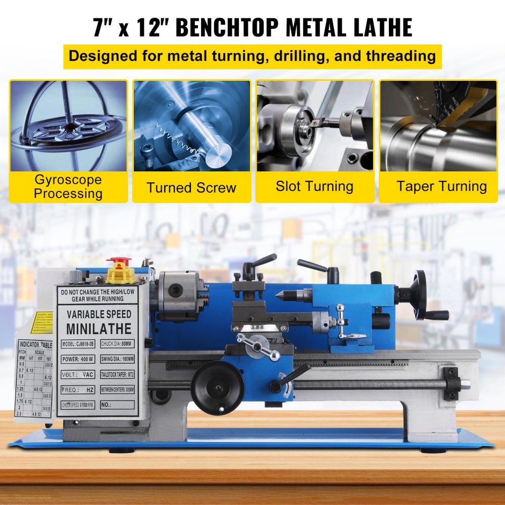 AMITOOLS Metal Lathe 7 x 12 Inch, Precision Mini Metal Lathe 2250 RPM 400W Variable Speed, Mini Lathe Precision Bench Top Metal Working Lathe for Various Types of Metal Turning