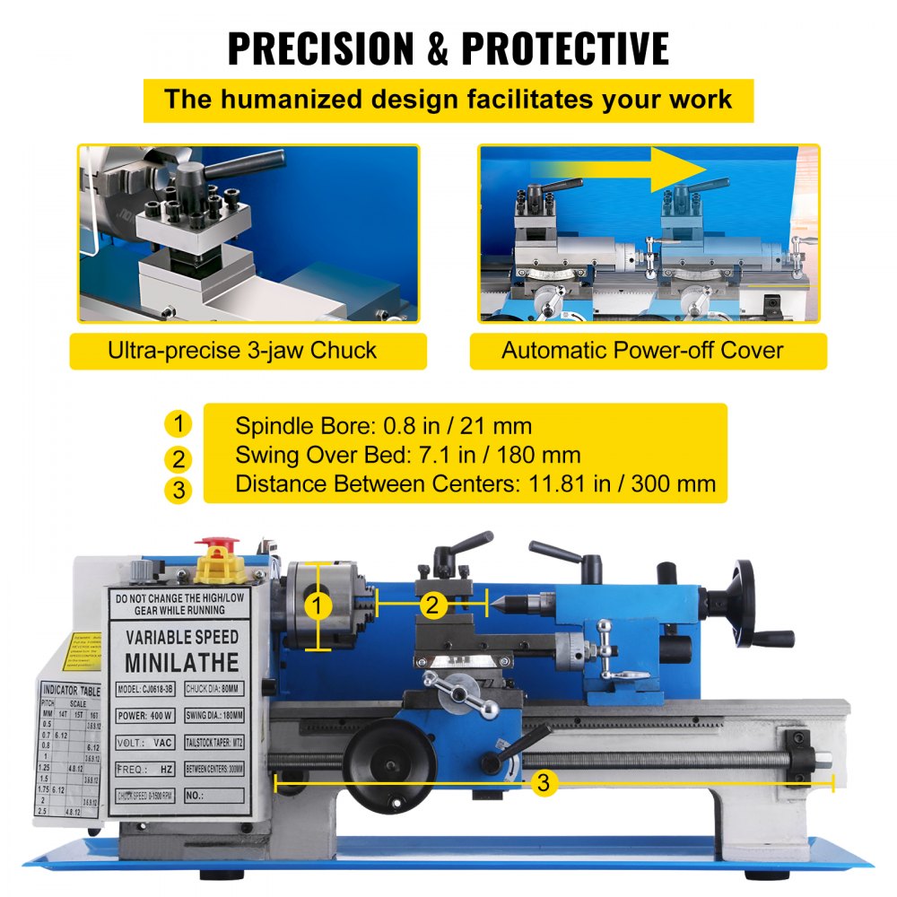 AMITOOLS Metal Lathe 7 x 12 Inch, Precision Mini Metal Lathe 2250 RPM 400W Variable Speed, Mini Lathe Precision Bench Top Metal Working Lathe for Various Types of Metal Turning