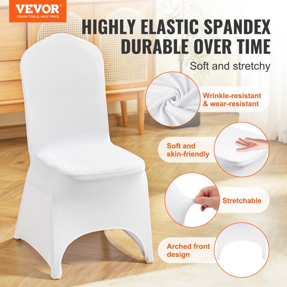 AMITOOLS Stretch Spandex Folding Chair Covers, Universal Fitted Arched Front Cover, Removable Washable Protective Slipcovers, for Wedding, Holiday, Banquet, Party, Celebration, Dining (100PCS White)