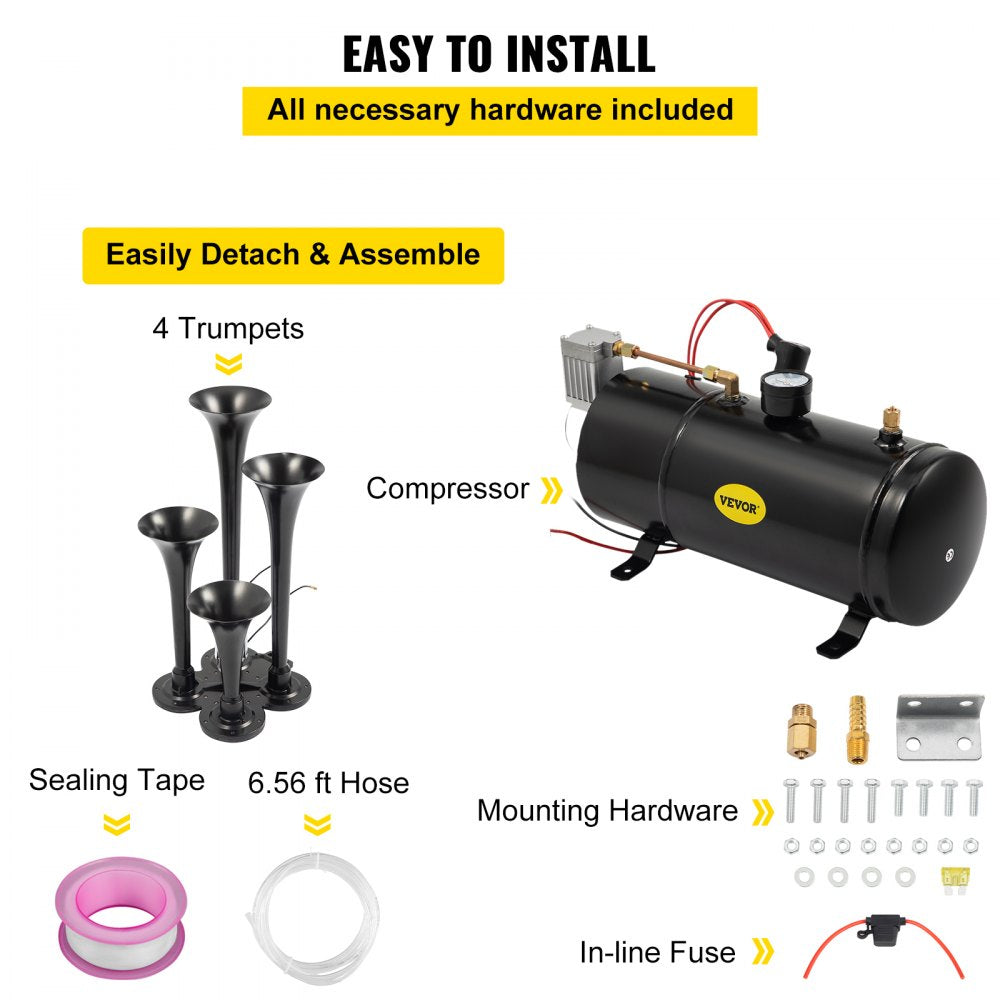 AMITOOLS 150DB Train Horns Kit for Trucks Super Loud with 120 PSI 12V Air Compressor 4 Trumpet Air Horn Compressor Tank For Any Vehicle Trucks Car Jeep Or SUV (Black) 0.8 Gal/3L