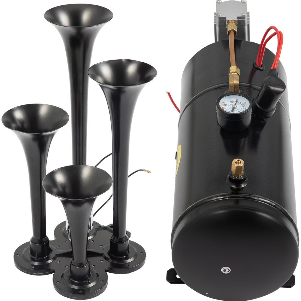 AMITOOLS 150DB Train Horns Kit for Trucks Super Loud with 120 PSI 12V Air Compressor 4 Trumpet Air Horn Compressor Tank For Any Vehicle Trucks Car Jeep Or SUV (Black) 0.8 Gal/3L