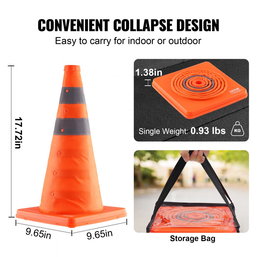 AMITOOLS Safety Cones, 2 Pack 18 inch Collapsible Traffic Cones, Construction Cones with Reflective Collars, Wide Base and A Storage Bag, for Traffic Control, Driving Training, Parking Lots