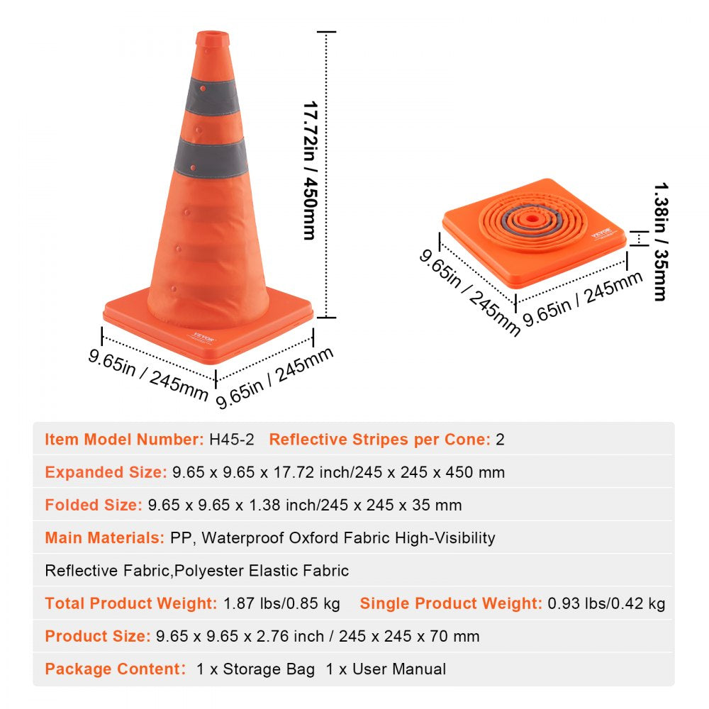 AMITOOLS Safety Cones, 2 Pack 18 inch Collapsible Traffic Cones, Construction Cones with Reflective Collars, Wide Base and A Storage Bag, for Traffic Control, Driving Training, Parking Lots