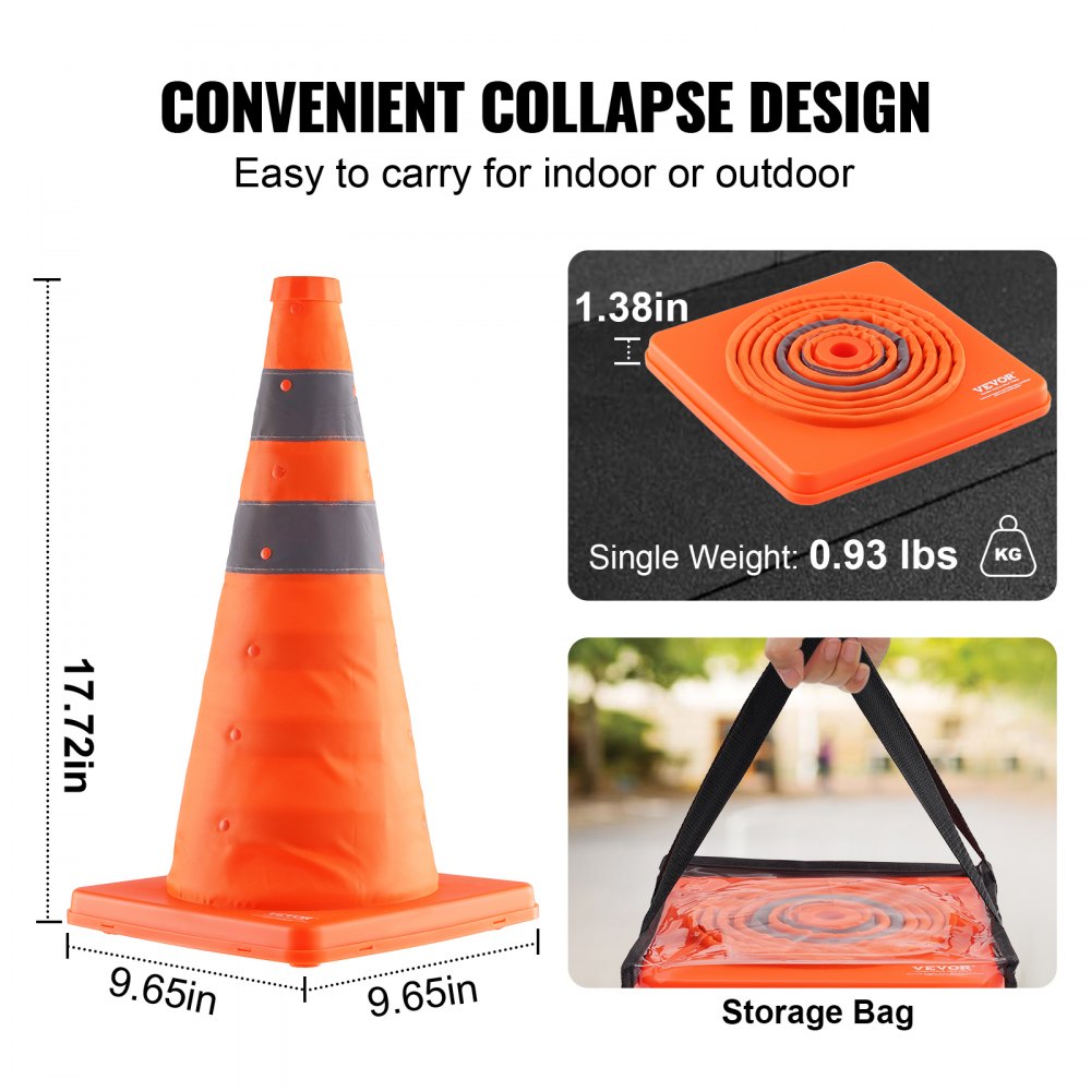 AMITOOLS Safety Cones, 4 Pack 18 inch Collapsible Traffic Cones, Construction Cones with Reflective Collars, Wide Base and A Storage Bag, for Traffic Control, Driving Training, Parking Lots