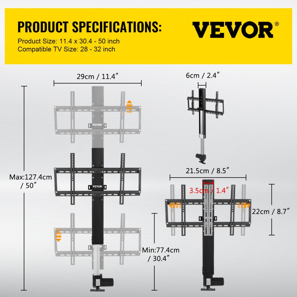 AMITOOLS Motorized TV Lift Stroke Length 20 Inches Motorized TV Mount Fit for 28-32 Inch TV Lift with Remote Control Height Adjustable 30.4-50 Inch,Load Capacity 132 Lbs