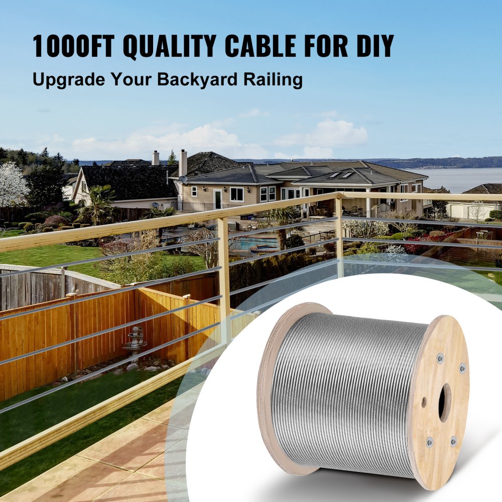 AMITOOLS T316 Stainless Steel Cable, 1/8'' x 1000 ft, Braided Aircraft Wire Rope with 1x19 Strands Construction, 2100 lbs Breaking Strength, for Deck Railing Stair Handrail Balusters Porch Fence