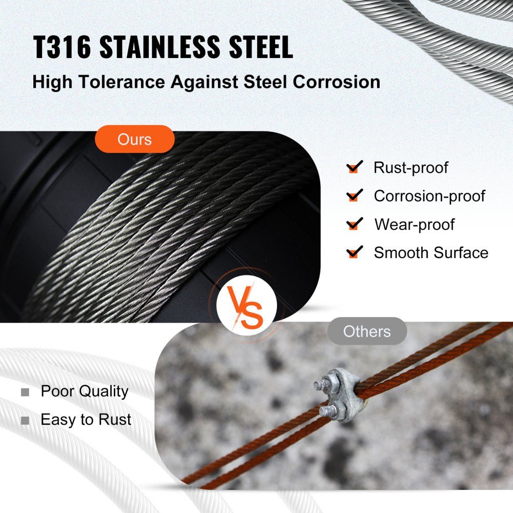 AMITOOLS T316 Stainless Steel Cable, 1/8'' x 1000 ft, Braided Aircraft Wire Rope with 1x19 Strands Construction, 2100 lbs Breaking Strength, for Deck Railing Stair Handrail Balusters Porch Fence