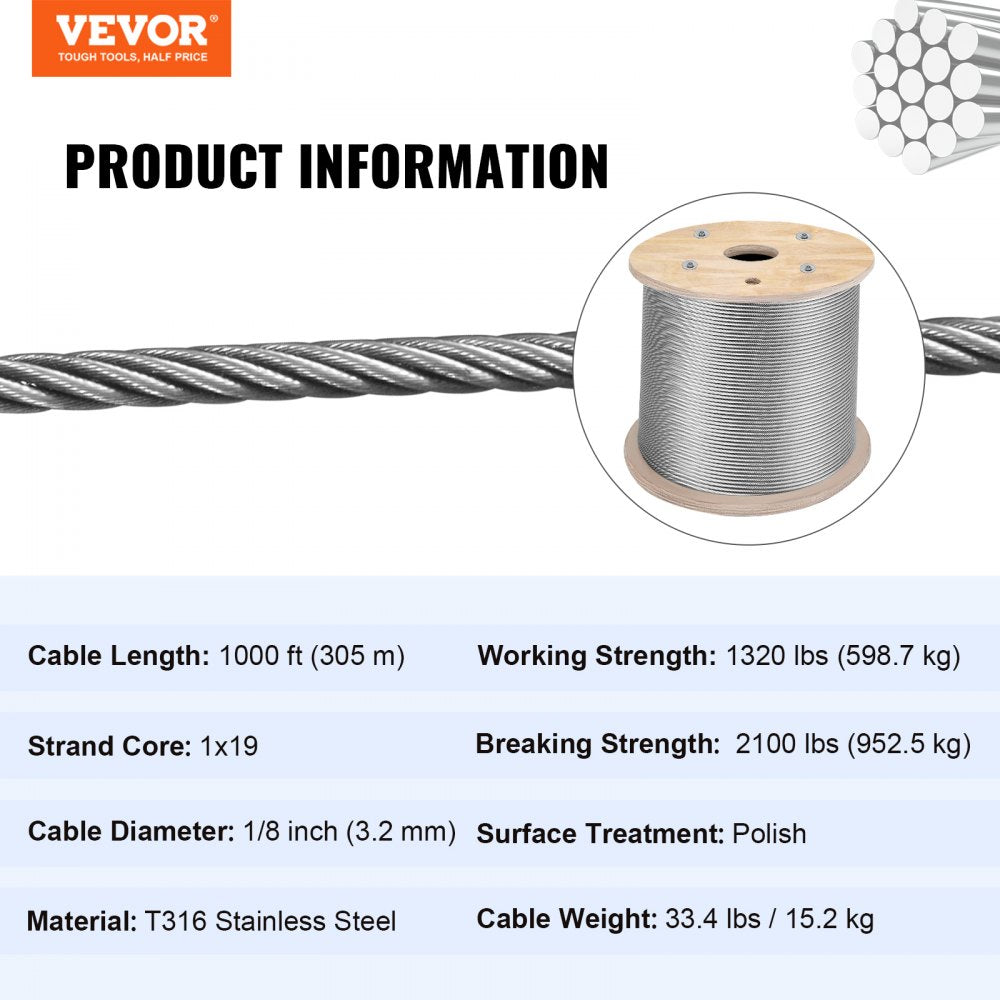 AMITOOLS T316 Stainless Steel Cable, 1/8'' x 1000 ft, Braided Aircraft Wire Rope with 1x19 Strands Construction, 2100 lbs Breaking Strength, for Deck Railing Stair Handrail Balusters Porch Fence