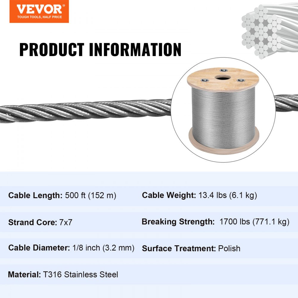 AMITOOLS 1/8 Stainless Steel Cable Railing 500ft, Wire Rope 316 Marine Grade, Braided Aircraft Cable 7x7 Strands Construction for Deck Rail Balusters Stair Handrail Porch Fence