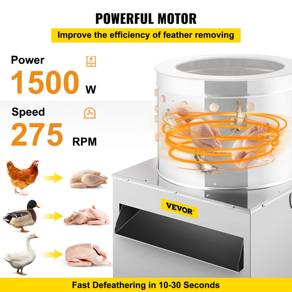 AMITOOLS Stainless Steel Chicken Plucker 20Inch Barrel Diameter De-Feather Remover Poultry Machine 1500W 275R/min Barrel Diameter Heavy Duty Feather Plucking Machine