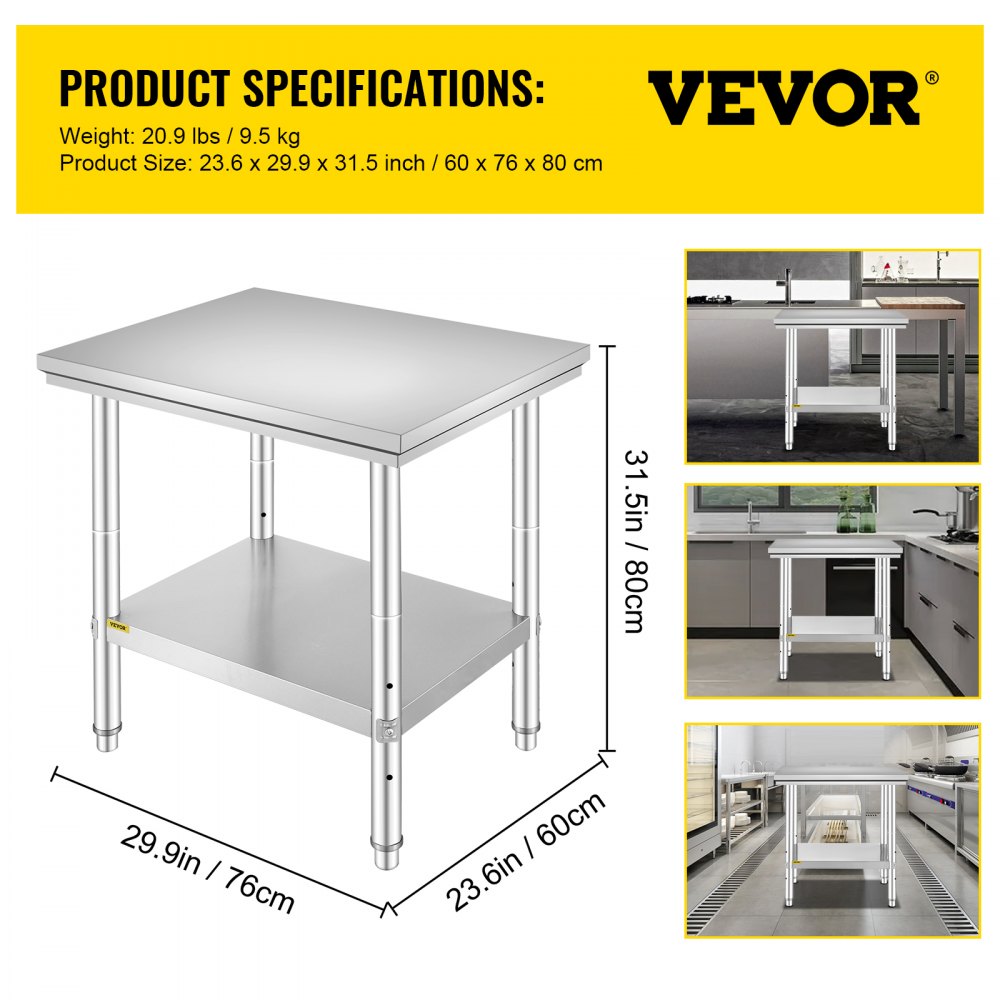 AMITOOLS Commercial Worktable & Workstation 24 x 30 x 32 Inch Stainless Steel Work Table Heavy Duty Commercial Food Prep Work Table for Home, Kitchen, Restaurant Metal Prep Table with Adjustable Feet