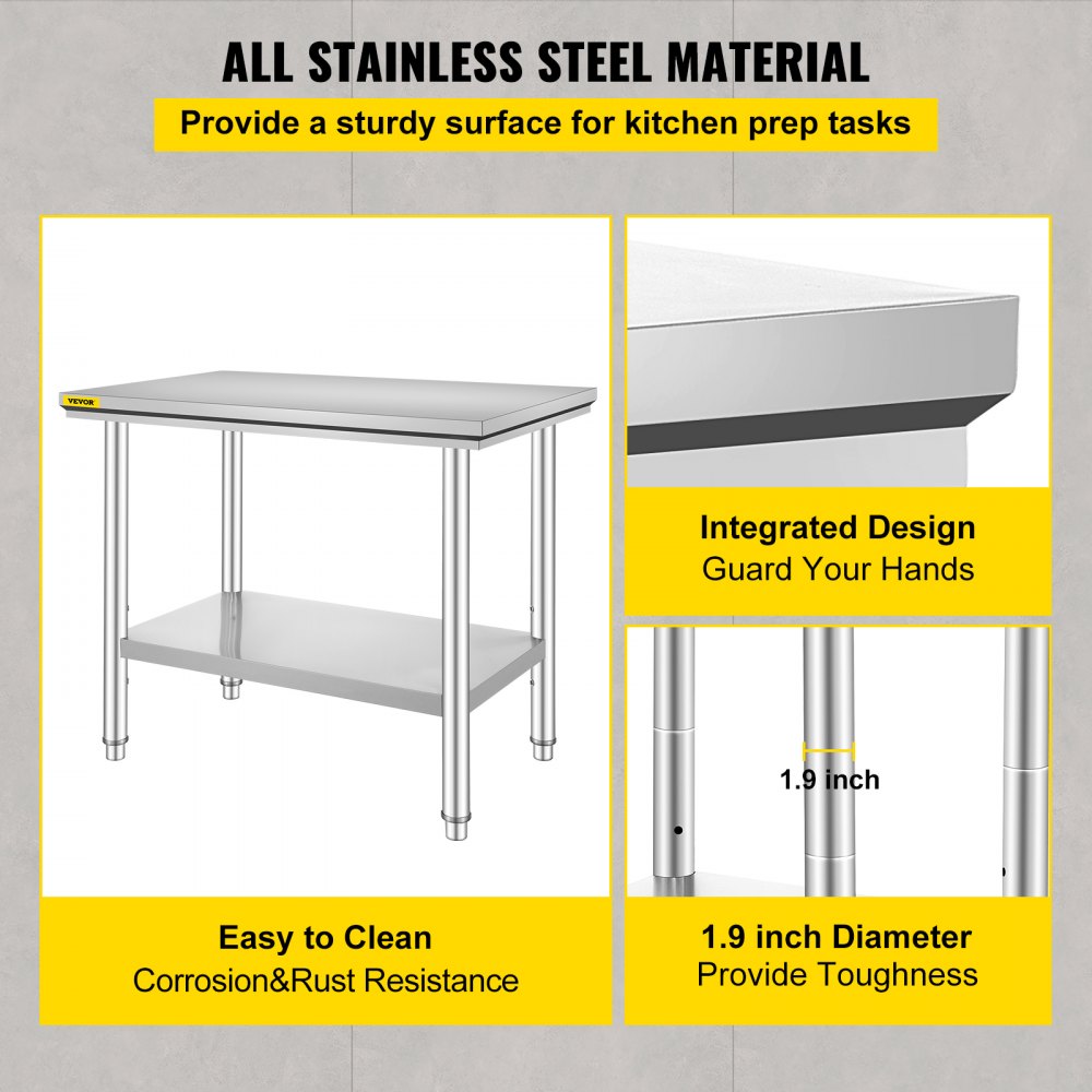 AMITOOLS Stainless Steel Prep Table, 35 x 24 x 31 Inch, 700 lbs Load Capacity, Heavy Duty Metal Worktable with 3 Adjustable Height Levels, Commercial Workstation for Kitchen Garage Restaurant Backyard