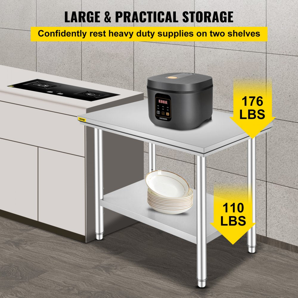 AMITOOLS Stainless Steel Prep Table, 35 x 24 x 31 Inch, 700 lbs Load Capacity, Heavy Duty Metal Worktable with 3 Adjustable Height Levels, Commercial Workstation for Kitchen Garage Restaurant Backyard