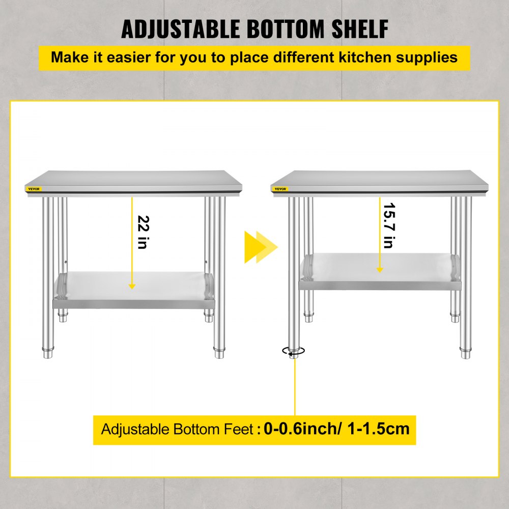 AMITOOLS Stainless Steel Prep Table, 35 x 24 x 31 Inch, 700 lbs Load Capacity, Heavy Duty Metal Worktable with 3 Adjustable Height Levels, Commercial Workstation for Kitchen Garage Restaurant Backyard