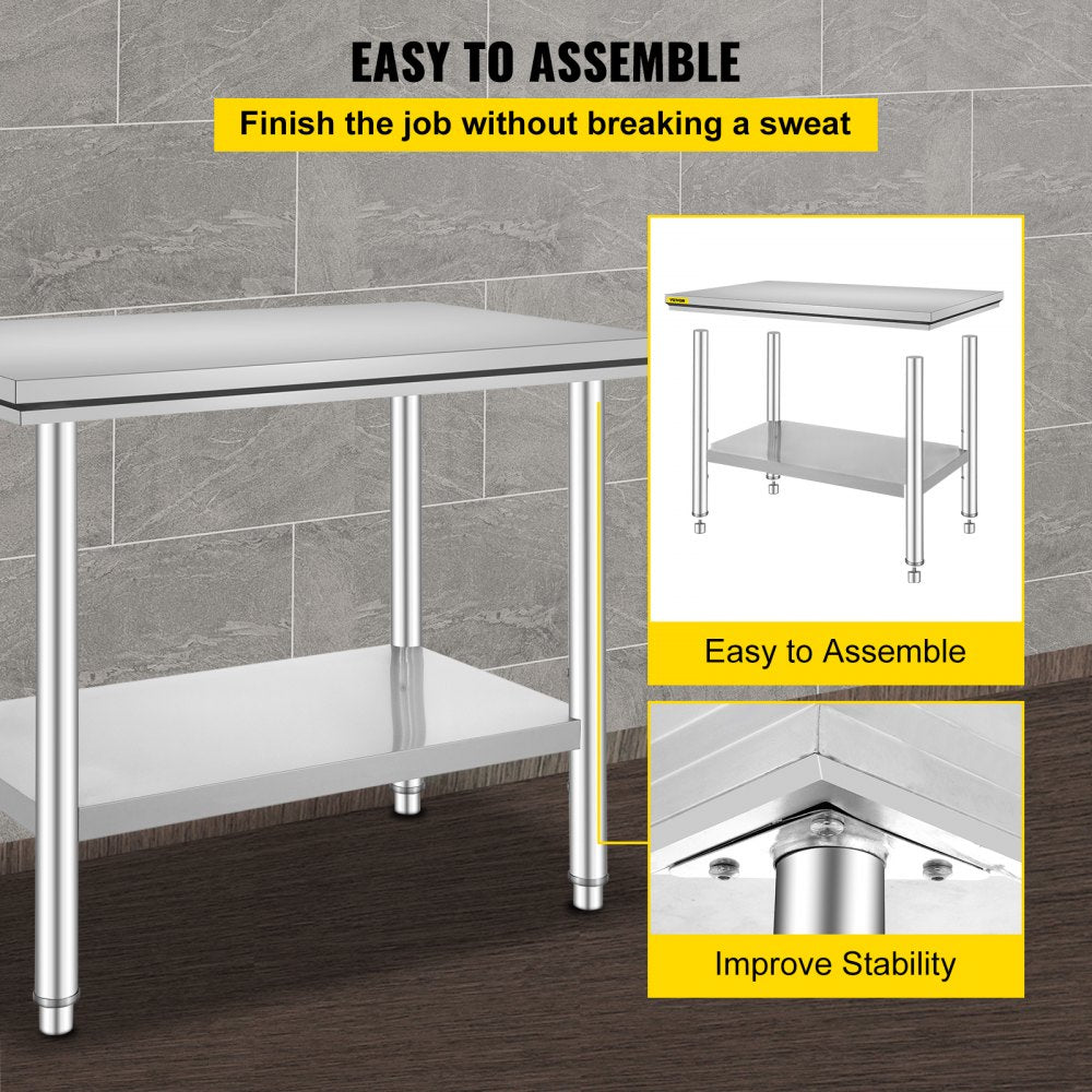 AMITOOLS Stainless Steel Prep Table, 35 x 24 x 31 Inch, 700 lbs Load Capacity, Heavy Duty Metal Worktable with 3 Adjustable Height Levels, Commercial Workstation for Kitchen Garage Restaurant Backyard