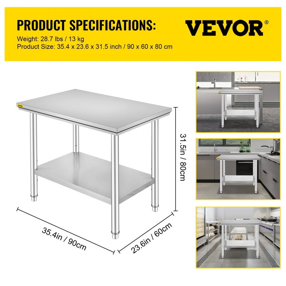 AMITOOLS Stainless Steel Prep Table, 35 x 24 x 31 Inch, 700 lbs Load Capacity, Heavy Duty Metal Worktable with 3 Adjustable Height Levels, Commercial Workstation for Kitchen Garage Restaurant Backyard