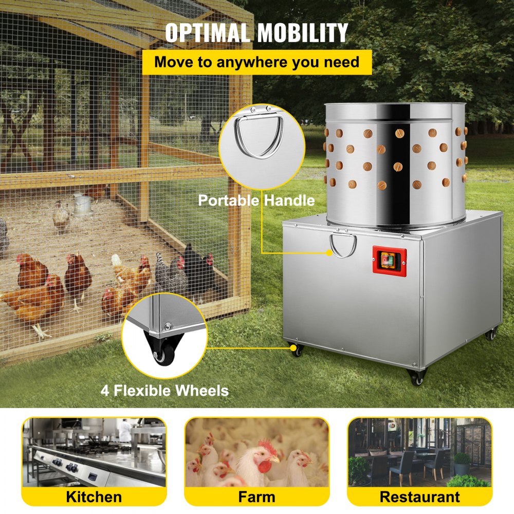 AMITOOLS Chicken Poultry Plucker 2200W 240R/min Turkey Chicken Poultry Plucking Machine 23.5inch Barrel Diameter Stainless Steel Feather Plucking Machine with Wheels Defeather Hair Removal Machine