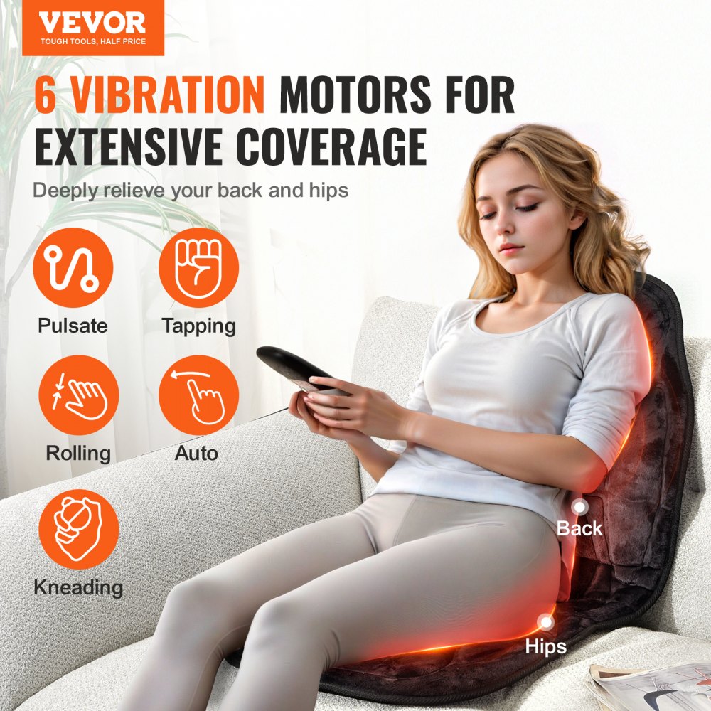 AMITOOLS Massage Seat Cushion with Heat, 6 Vibration Motors Seat Massage Pad, Vibrating Massage Chair Mat with 5 Mode & 4 Intensities, 2 Heating Pads for Home Office, Fatigue Stress Relief for Back, Hips