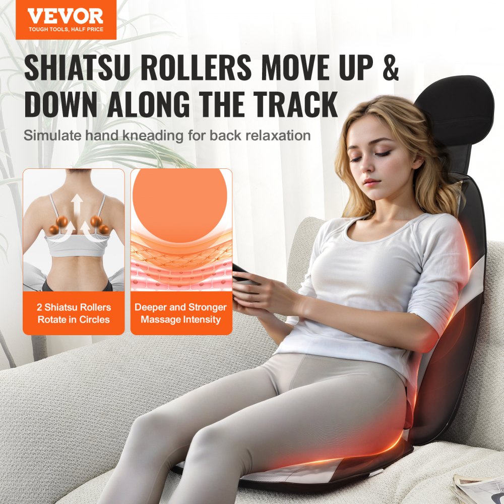 AMITOOLS Shiatsu Back Massager with Heat, Massage Seat Cushion with 2-Group Back Shiatsu Rollers and 2 Seat Vibration Motors, Fatigue Relief Seat Massage Chair Pad with 5 Vibration Modes for Home Office