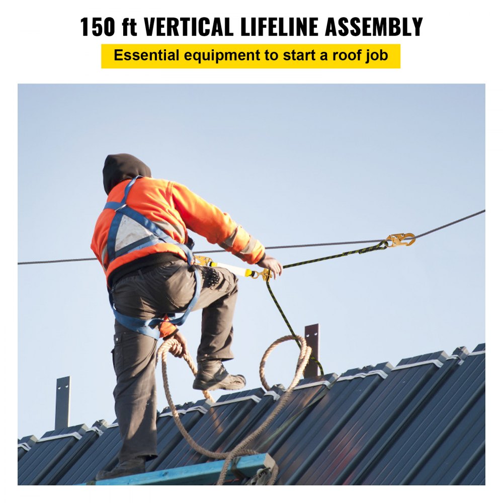 AMITOOLS Vertical Lifeline Assembly, 150 ft Fall Protection Rope, Polyester Roofing Rope, CE Compliant Fall Arrest Protection Equipment with Alloy Steel Rope Grab, Two Snap Hooks, Shock Absorber