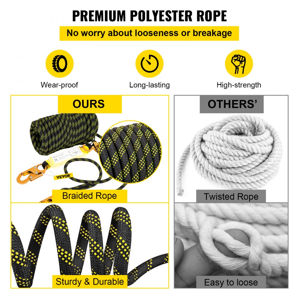 AMITOOLS Vertical Lifeline Assembly, 150 ft Fall Protection Rope, Polyester Roofing Rope, CE Compliant Fall Arrest Protection Equipment with Alloy Steel Rope Grab, Two Snap Hooks, Shock Absorber