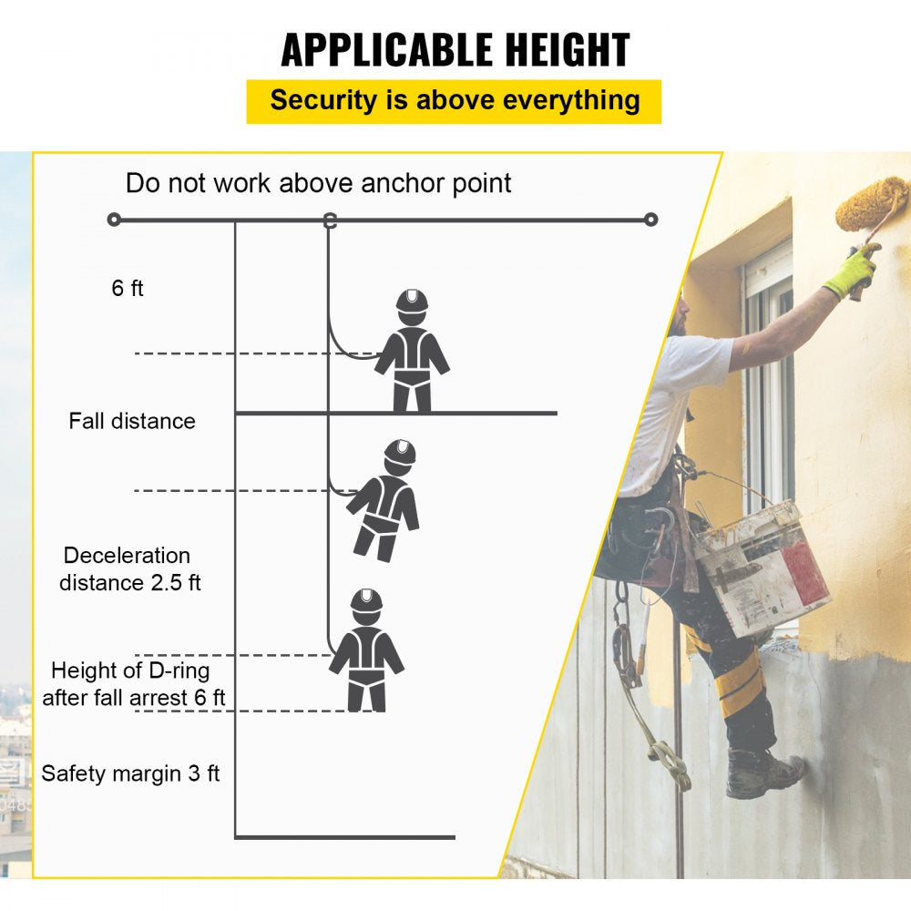 AMITOOLS Vertical Lifeline Assembly, 150 ft Fall Protection Rope, Polyester Roofing Rope, CE Compliant Fall Arrest Protection Equipment with Alloy Steel Rope Grab, Two Snap Hooks, Shock Absorber