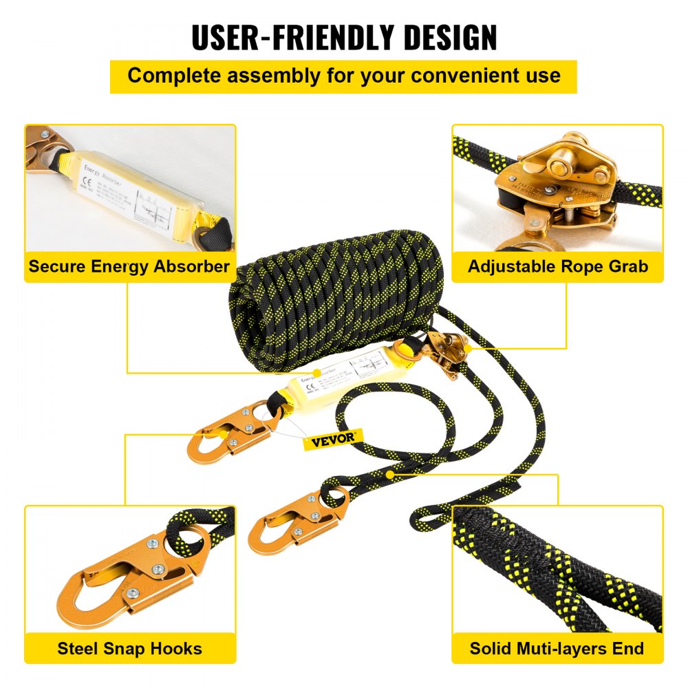 AMITOOLS Vertical Lifeline Assembly, 150 ft Fall Protection Rope, Polyester Roofing Rope, CE Compliant Fall Arrest Protection Equipment with Alloy Steel Rope Grab, Two Snap Hooks, Shock Absorber