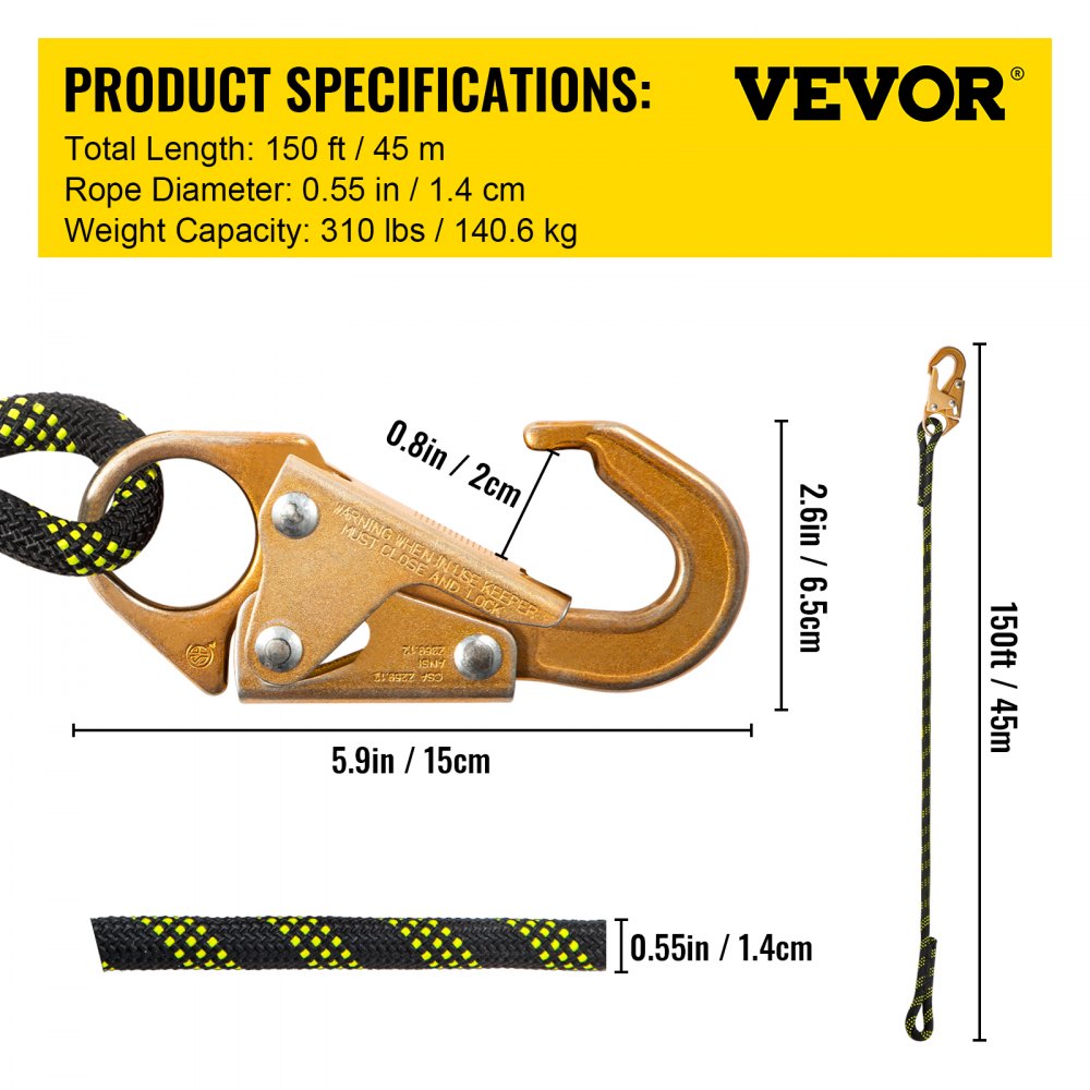 AMITOOLS Vertical Lifeline Assembly, 150 ft Fall Protection Rope, Polyester Roofing Rope, CE Compliant Fall Arrest Protection Equipment with Alloy Steel Rope Grab, Two Snap Hooks, Shock Absorber