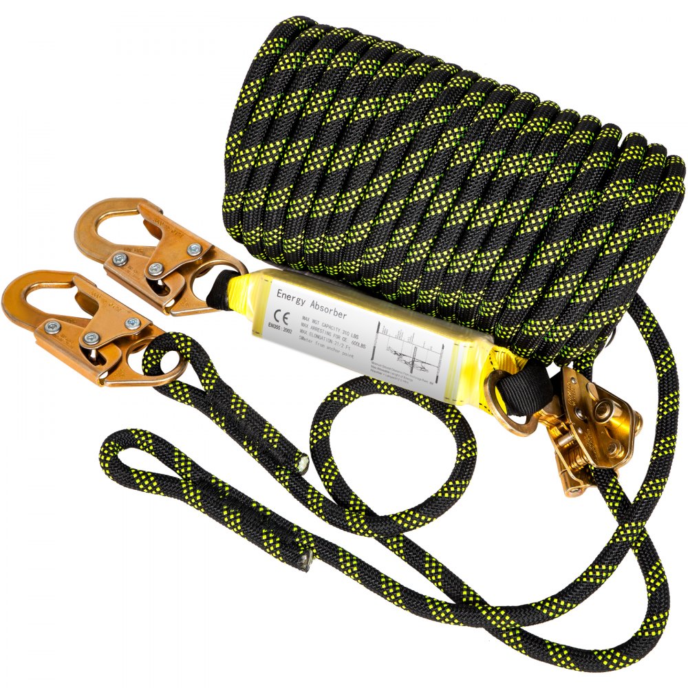 AMITOOLS Vertical Lifeline Assembly, 150 ft Fall Protection Rope, Polyester Roofing Rope, CE Compliant Fall Arrest Protection Equipment with Alloy Steel Rope Grab, Two Snap Hooks, Shock Absorber