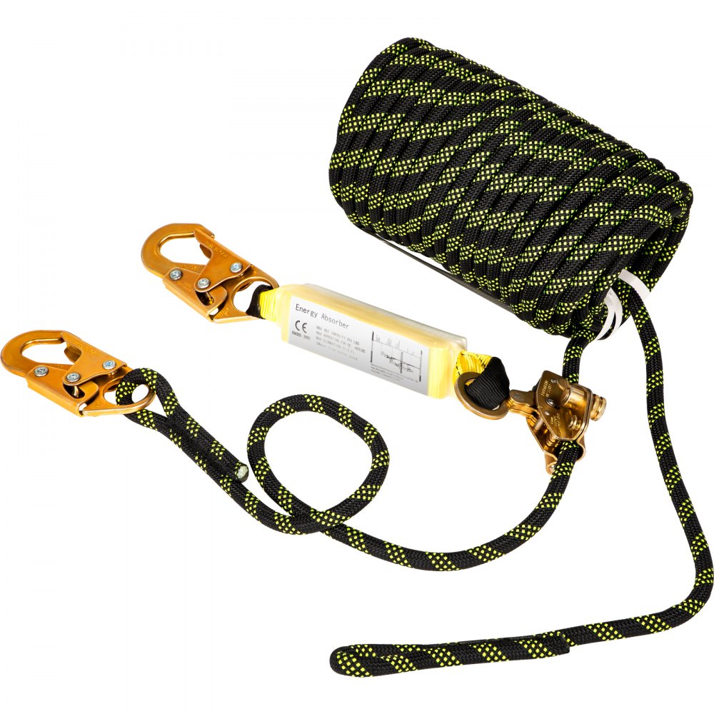 AMITOOLS Vertical Lifeline Assembly, 150 ft Fall Protection Rope, Polyester Roofing Rope, CE Compliant Fall Arrest Protection Equipment with Alloy Steel Rope Grab, Two Snap Hooks, Shock Absorber