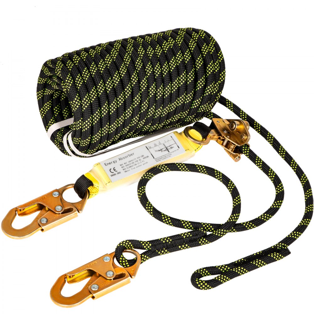 AMITOOLS Vertical Lifeline Assembly, 150 ft Fall Protection Rope, Polyester Roofing Rope, CE Compliant Fall Arrest Protection Equipment with Alloy Steel Rope Grab, Two Snap Hooks, Shock Absorber