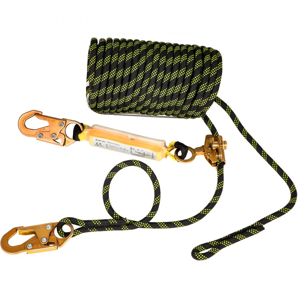 AMITOOLS Vertical Lifeline Assembly, 150 ft Fall Protection Rope, Polyester Roofing Rope, CE Compliant Fall Arrest Protection Equipment with Alloy Steel Rope Grab, Two Snap Hooks, Shock Absorber