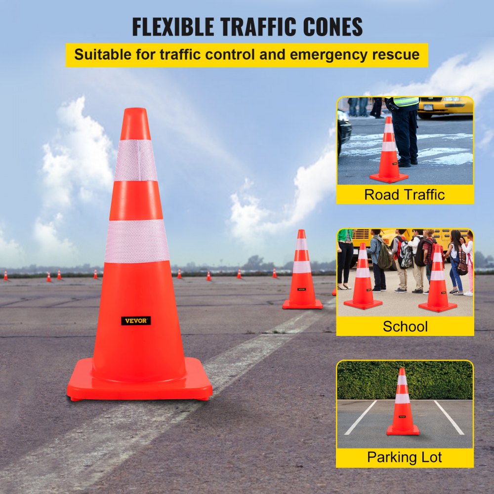 AMITOOLS Safety Cones, 28 in/73 cm Height, 10 PCS PVC Orange Traffic Cone with 2 Reflective Collars and Weighted Base, Used for Traffic Control, Driveway Road Parking and School Improvement