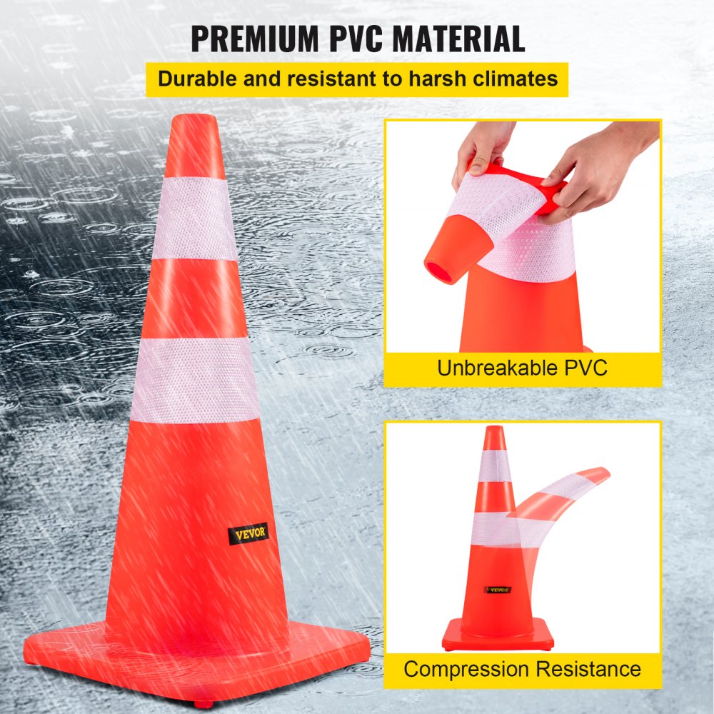 AMITOOLS Safety Cones, 28 in/73 cm Height, 10 PCS PVC Orange Traffic Cone with 2 Reflective Collars and Weighted Base, Used for Traffic Control, Driveway Road Parking and School Improvement