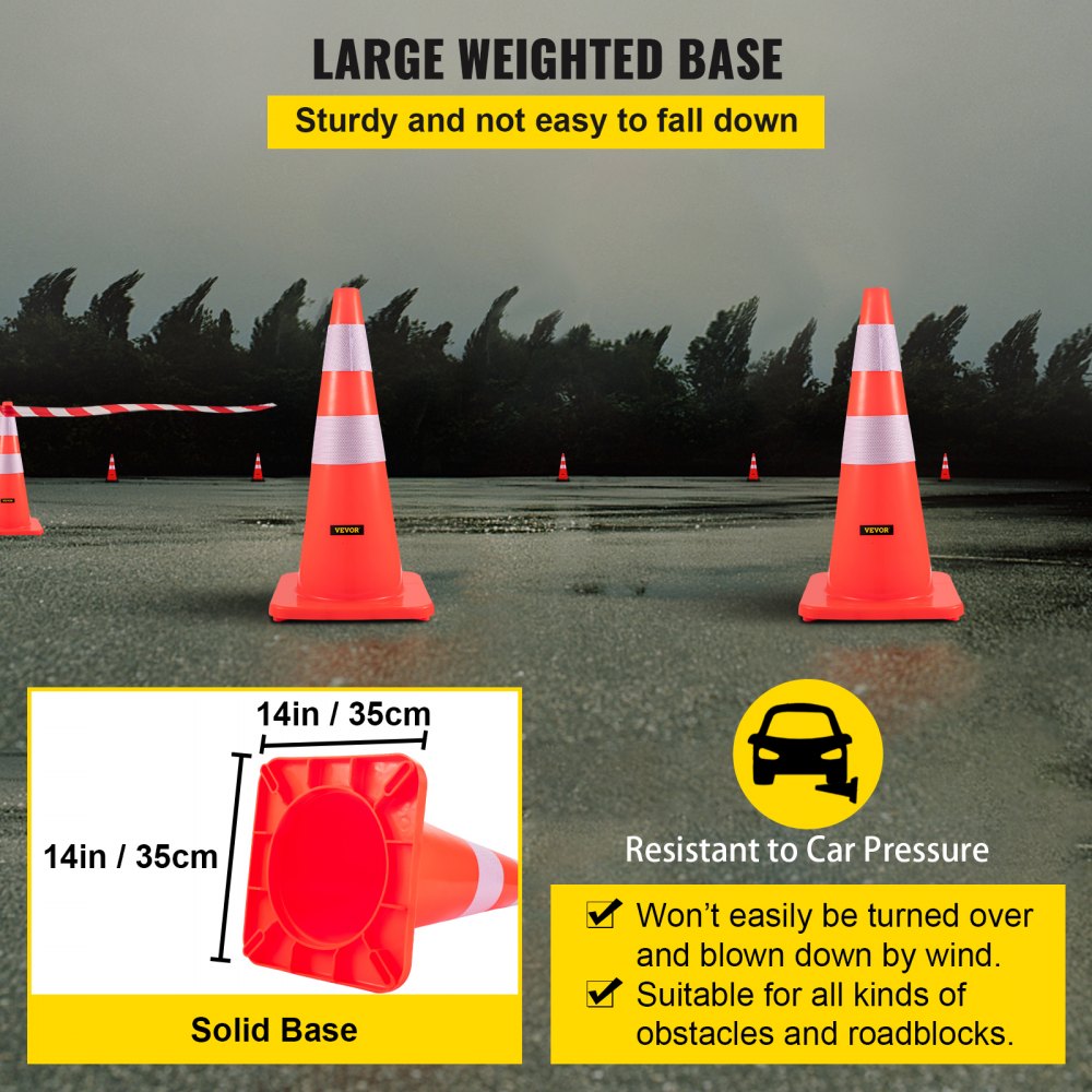 AMITOOLS Safety Cones, 28 in/73 cm Height, 10 PCS PVC Orange Traffic Cone with 2 Reflective Collars and Weighted Base, Used for Traffic Control, Driveway Road Parking and School Improvement