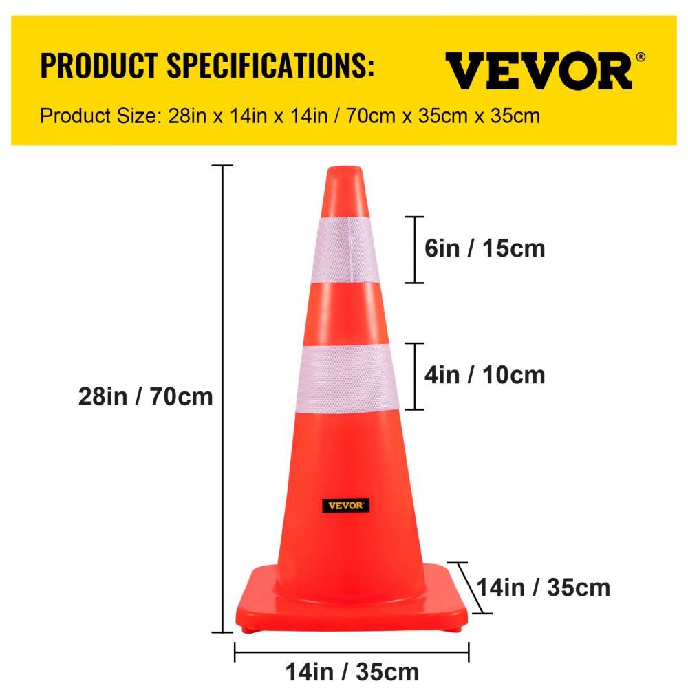 AMITOOLS Safety Cones, 28 in/73 cm Height, 10 PCS PVC Orange Traffic Cone with 2 Reflective Collars and Weighted Base, Used for Traffic Control, Driveway Road Parking and School Improvement