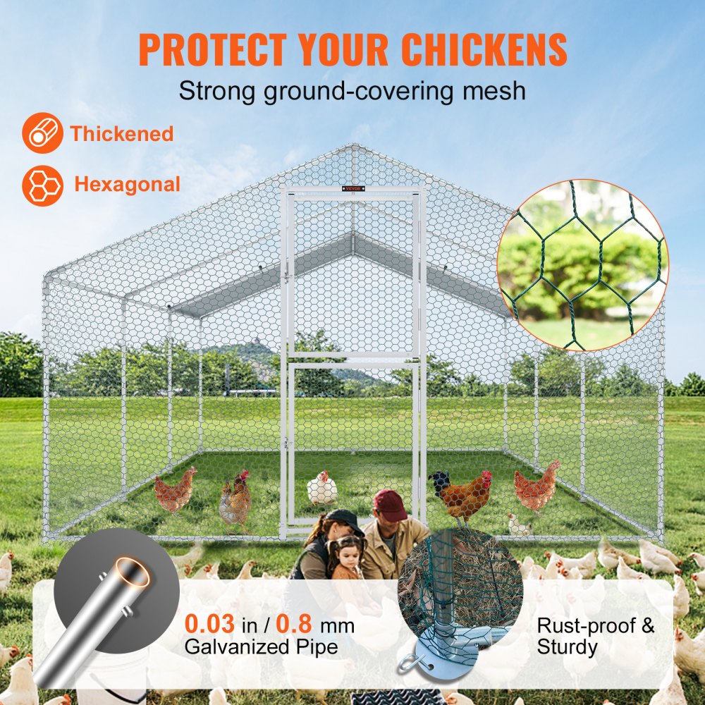 AMITOOLS Large Metal Chicken Coop with Run, Walkin Poultry Cage for Yard, Waterproof Cover, 19.7 x 9.8 x 6.6 ft, Peaked Roof for Hen House, Duck Coop and Rabbit, Silver