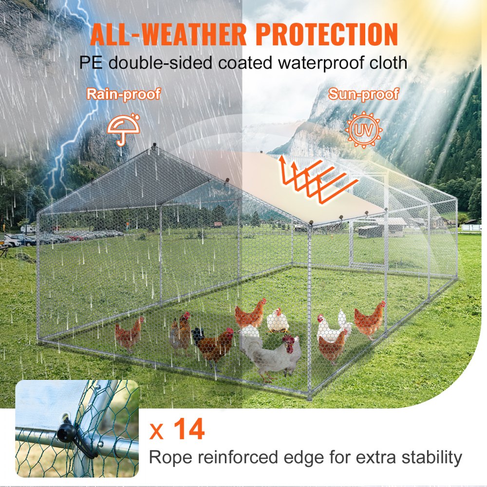 AMITOOLS Large Metal Chicken Coop with Run, Walkin Poultry Cage for Yard, Waterproof Cover, 19.7 x 9.8 x 6.6 ft, Peaked Roof for Hen House, Duck Coop and Rabbit, Silver