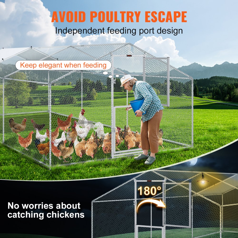 AMITOOLS Large Metal Chicken Coop with Run, Walkin Poultry Cage for Yard, Waterproof Cover, 19.7 x 9.8 x 6.6 ft, Peaked Roof for Hen House, Duck Coop and Rabbit, Silver