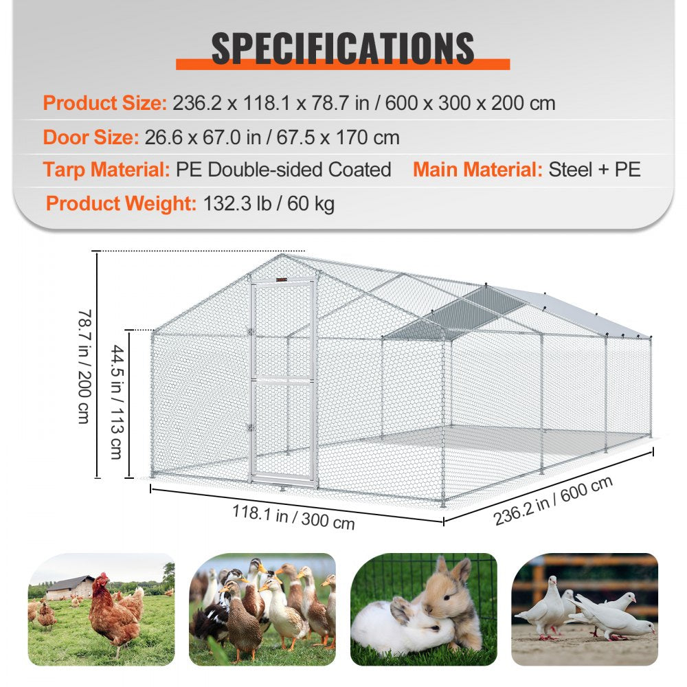 AMITOOLS Large Metal Chicken Coop with Run, Walkin Poultry Cage for Yard, Waterproof Cover, 19.7 x 9.8 x 6.6 ft, Peaked Roof for Hen House, Duck Coop and Rabbit, Silver