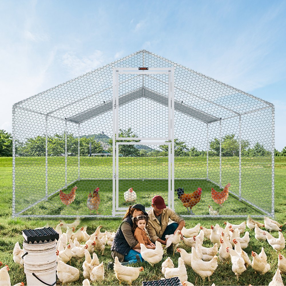 AMITOOLS Large Metal Chicken Coop with Run, Walkin Poultry Cage for Yard, Waterproof Cover, 19.7 x 9.8 x 6.6 ft, Peaked Roof for Hen House, Duck Coop and Rabbit, Silver