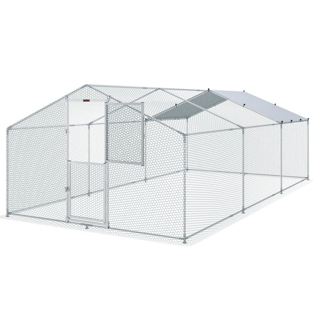 AMITOOLS Large Metal Chicken Coop with Run, Walkin Poultry Cage for Yard, Waterproof Cover, 19.7 x 9.8 x 6.6 ft, Peaked Roof for Hen House, Duck Coop and Rabbit, Silver