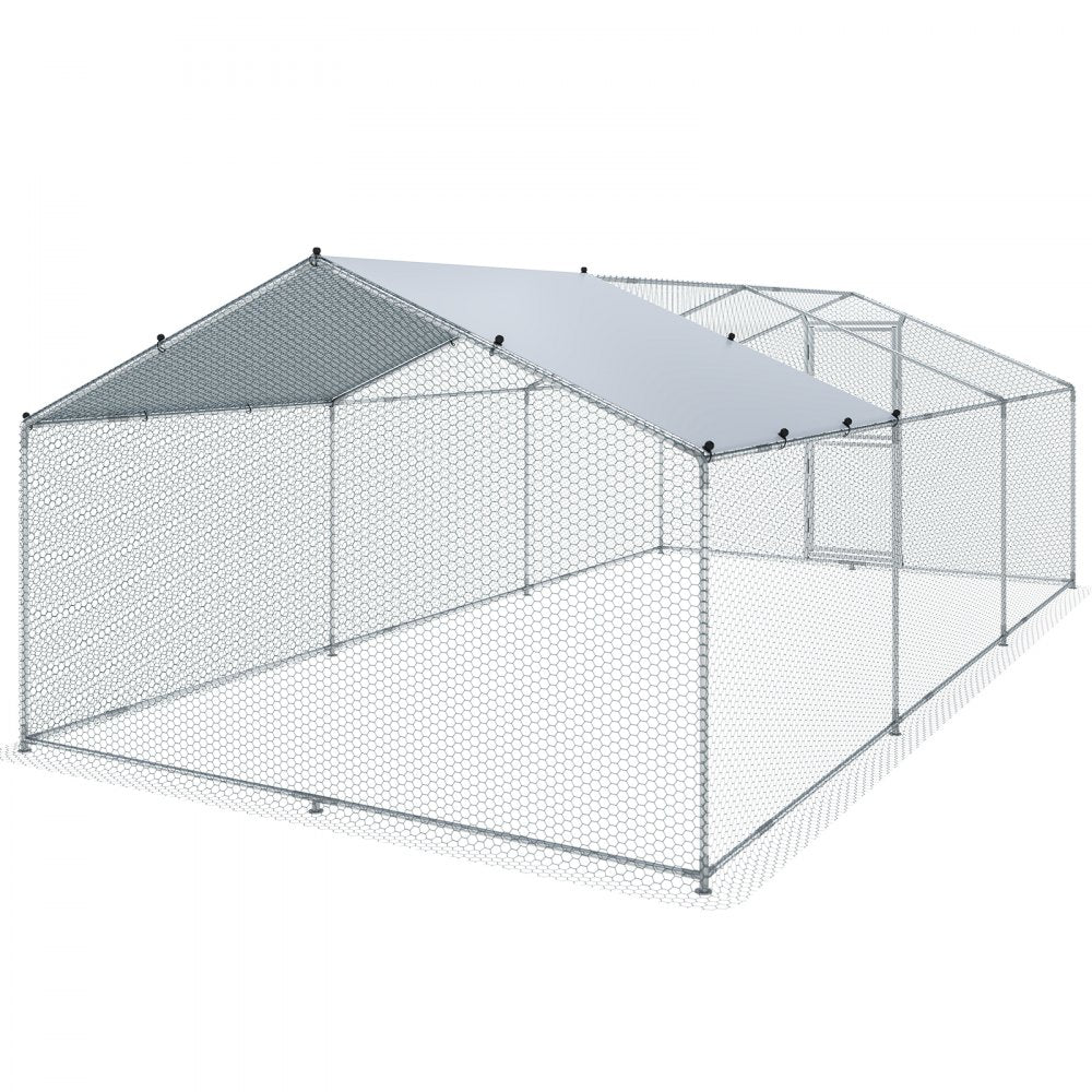 AMITOOLS Large Metal Chicken Coop with Run, Walkin Poultry Cage for Yard, Waterproof Cover, 19.7 x 9.8 x 6.6 ft, Peaked Roof for Hen House, Duck Coop and Rabbit, Silver