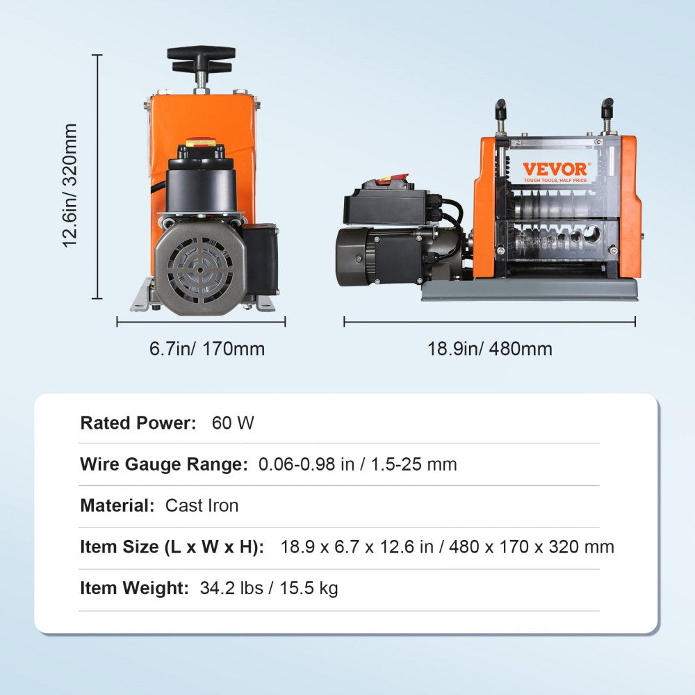 AMITOOLS Automatic Wire Stripping Machine, 0.06''-0.98'' Electric Motorized Cable Stripper, 60 W, Wire Peeler with Visible Stripping Depth Reference, 6 Round & 1 Flat Channels for Scrap Copper Recycling