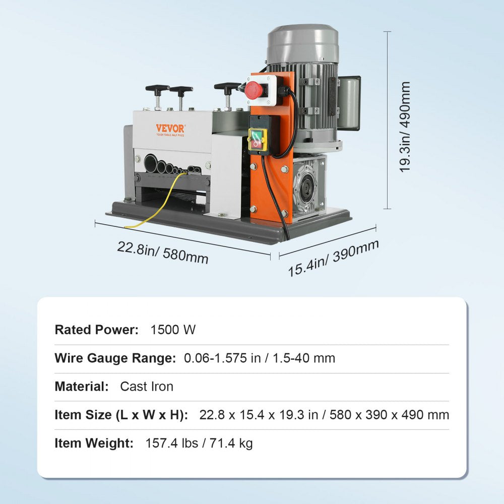 AMITOOLS Automatic Wire Stripping Machine, 0.06''-1.57'' Electric Motorized Cable Stripper, 1500 W, 88 ft/min Wire Peeler with Double Blades (Cut/Peel), 9 Channels for Scrap Copper Recycling