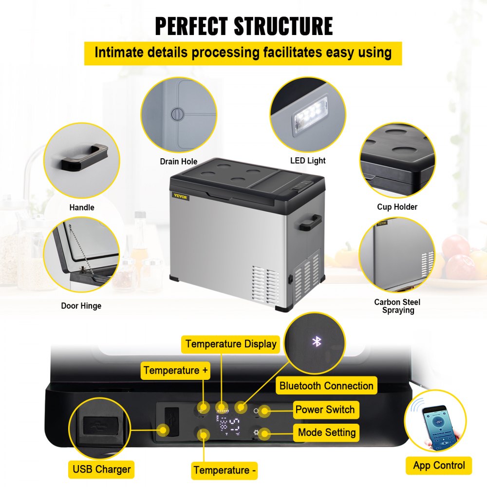 AMITOOLS 12 Volt Refrigerator, Portable Refrigerator (-4℉~68℉) With APP Control Car Compressor Fridge Cooler 12V/24V DC and 110-220V AC For Camping, Road Trip, Boat, Skincare, Outdoor and Home (32 Quart)