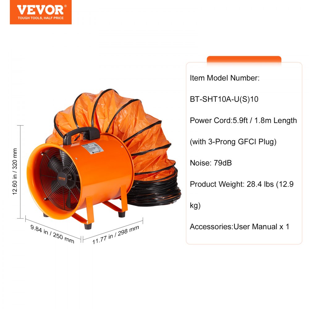 AMITOOLS Portable Ventilator, 10 inch Heavy Duty Cylinder Fan with 33ft Duct Hose, 380W Strong Shop Exhaust Blower 1893FM, Industrial Utility Blower for Sucking Dust, Smoke, Smoke Home/Workplace