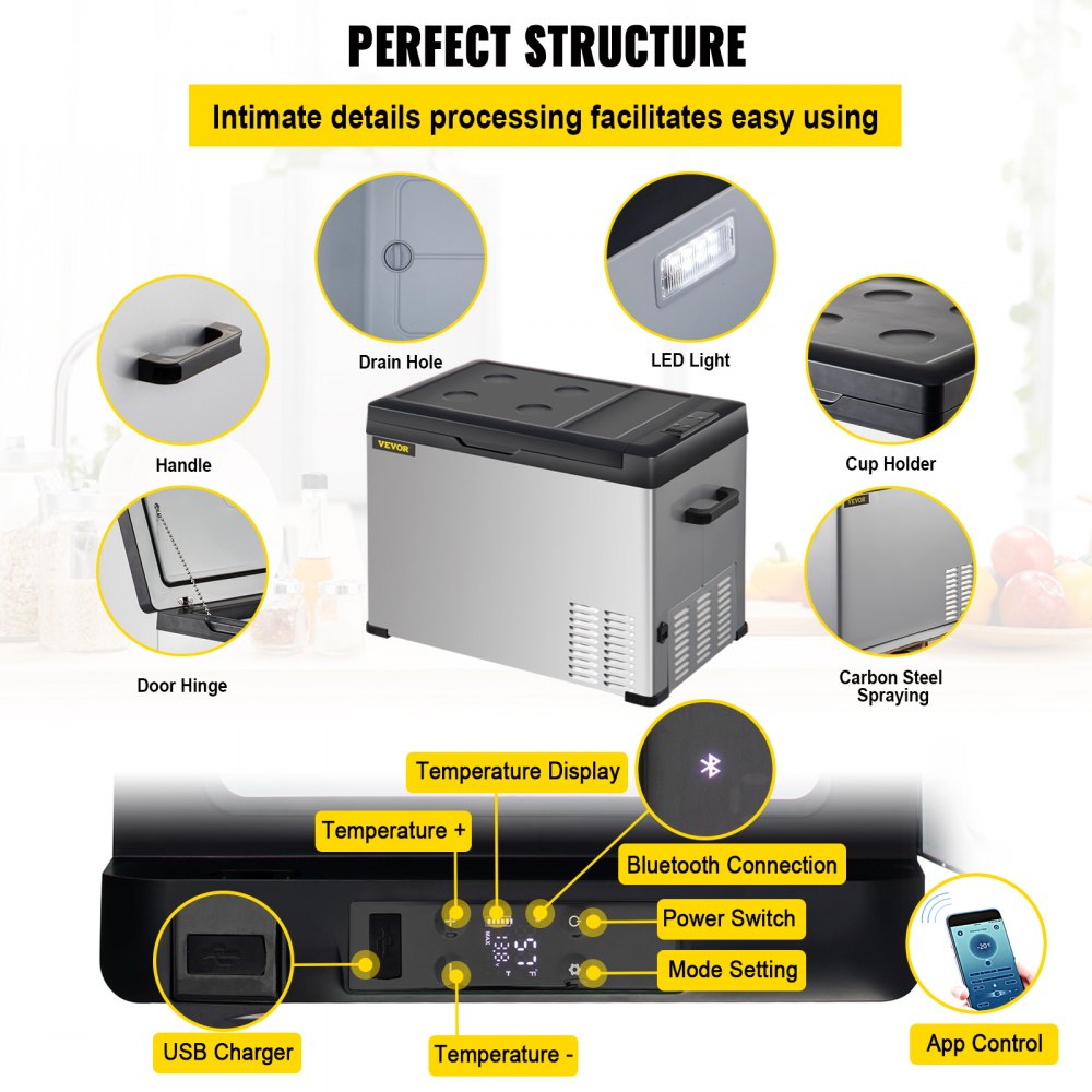 AMITOOLS 12 Volt Refrigerator, Portable Refrigerator (-4℉~68℉) With APP Control Car Compressor Fridge Cooler 12V/24V DC and 110-220V AC For Camping, Road Trip, Boat, Skincare, Outdoor and Home (42 Quart)