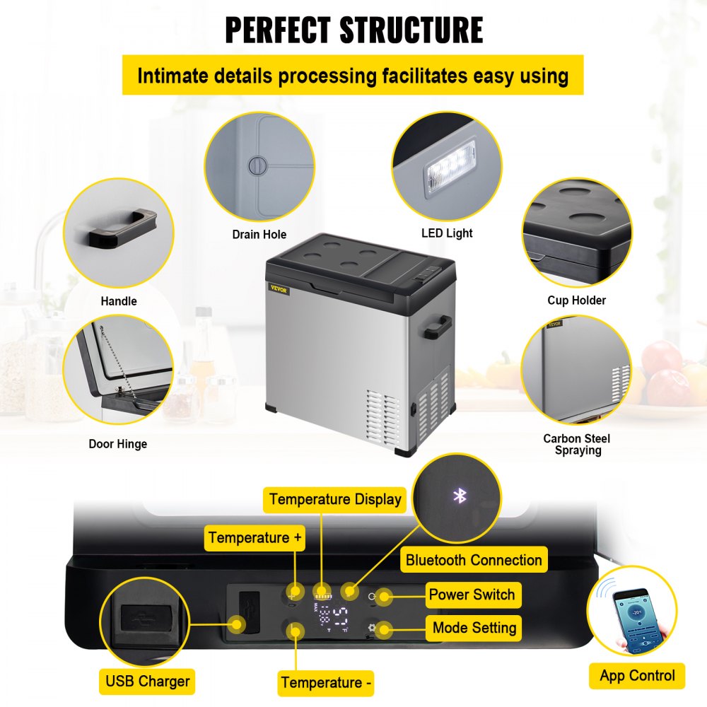 AMITOOLS 12 Volt Refrigerator, Portable Refrigerator (-4℉~68℉) With APP Control Car Compressor Fridge Cooler 12V/24V DC and 110-220V AC For Camping, Road Trip, Boat, Skincare, Outdoor and Home (53 Quart)