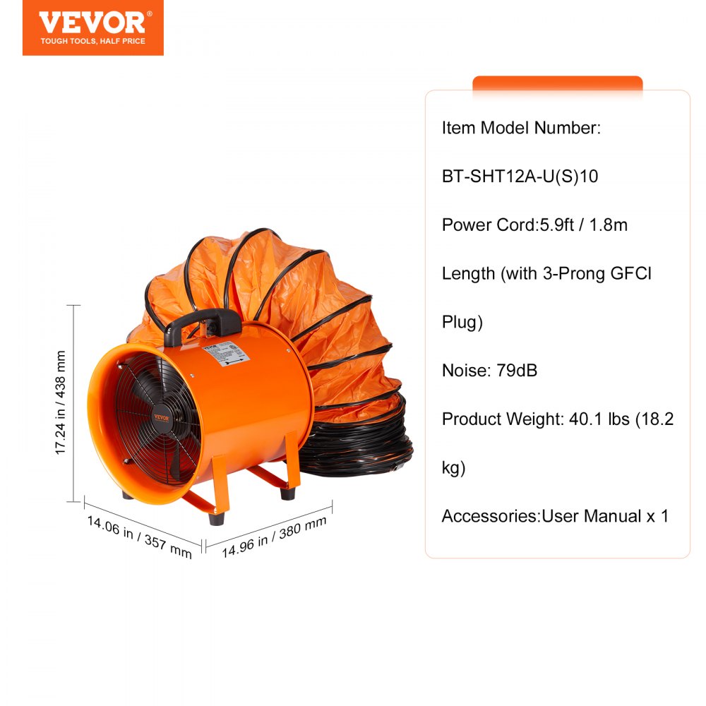 AMITOOLS Portable Ventilator, 12 inch Heavy Duty Cylinder Fan with 33ft Duct Hose, 585W Strong Shop Exhaust Blower 3198CFM, Industrial Utility Blower for Sucking Dust, Smoke, Smoke Home/Workplace